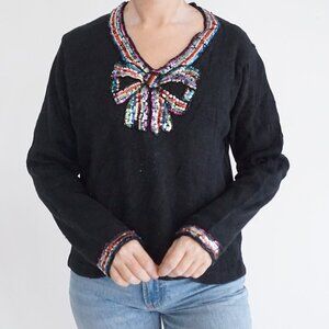 Vintage Designs by Ptons Black w Rainbow Sequin Bow Sweater Holiday Glam Retro L